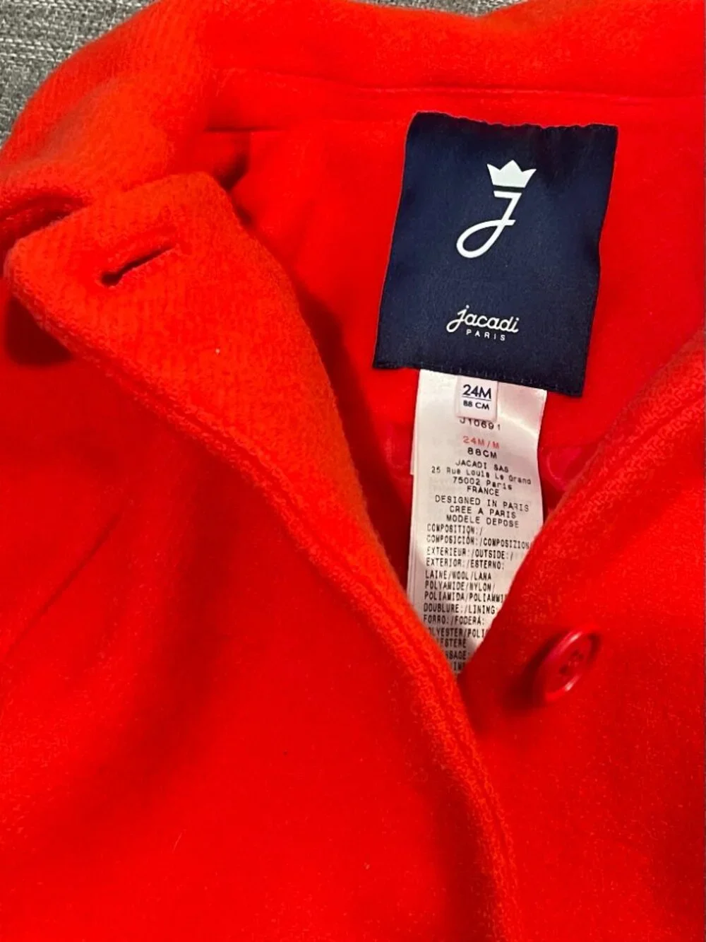 Jacadi Paris Red Wool Blend Baby Winter Coat w/ Detachable Hood, Toddler 24M/2T